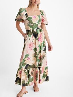Express Cream Rose Green Gold Floral Smocked Puff Sleeve Square Neck Maxi Dress